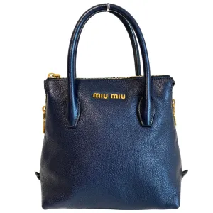 Navy Leather Top Handle With Crossbody Strap Bag
