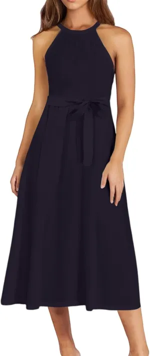 NBXNZWF Womens 2025 Summer Dresses Casual Sleeveless Floral Print Midi Dresses Loose Boho Beach Sundress with Adjustable Belt
