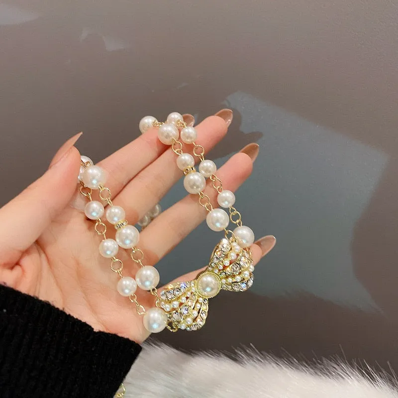 New Golden Bowknot Rhinestone Choker Necklaces for Women Pearl Necklaces