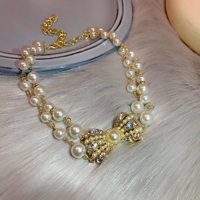 New Golden Bowknot Rhinestone Choker Necklaces for Women Pearl Necklaces
