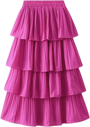 New Women Tiered Pleated High Waist Cake Skirt Lady Casual Dress Female Solid Skirt Shiny Skirt for Girls