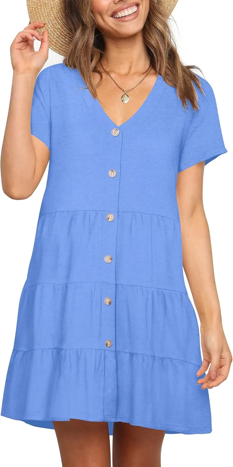 Nova In Sky Women's Summer Dresses 2025 Short Sleeve V-Neck Casual Loose Swing Button Down Casual T Shirt Dresses