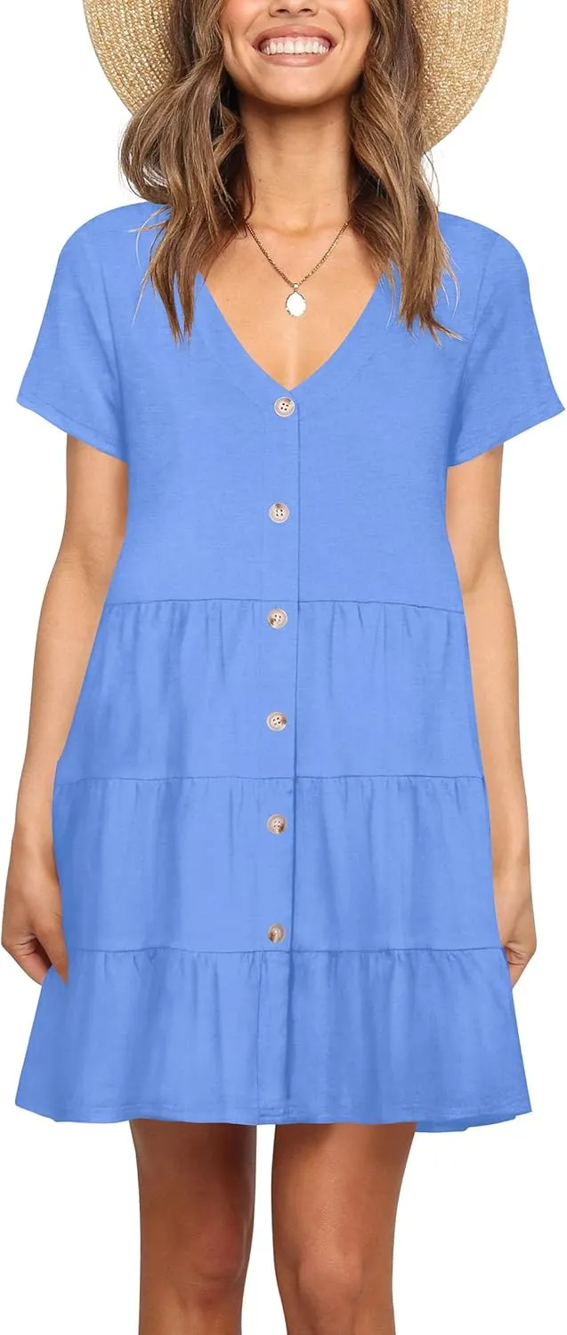Nova In Sky Women's Summer Dresses 2025 Short Sleeve V-Neck Casual Loose Swing Button Down Casual T Shirt Dresses