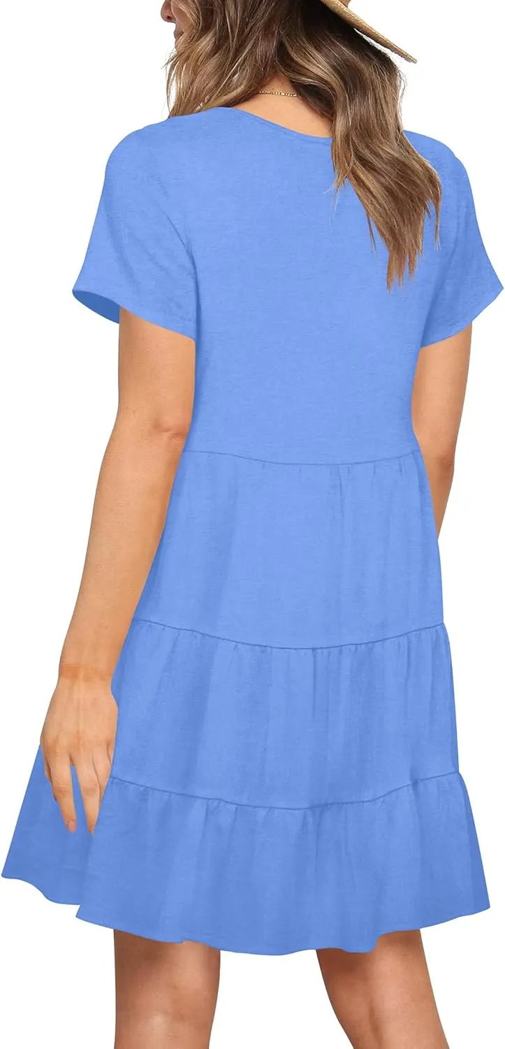 Nova In Sky Women's Summer Dresses 2025 Short Sleeve V-Neck Casual Loose Swing Button Down Casual T Shirt Dresses