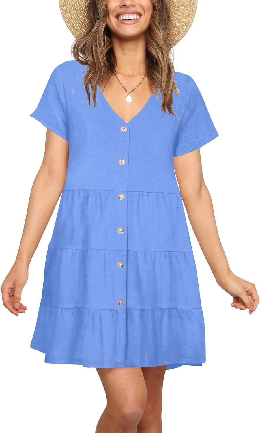 Nova In Sky Women's Summer Dresses 2025 Short Sleeve V-Neck Casual Loose Swing Button Down Casual T Shirt Dresses