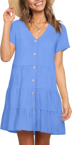 Nova In Sky Women's Summer Dresses 2025 Short Sleeve V-Neck Casual Loose Swing Button Down Casual T Shirt Dresses