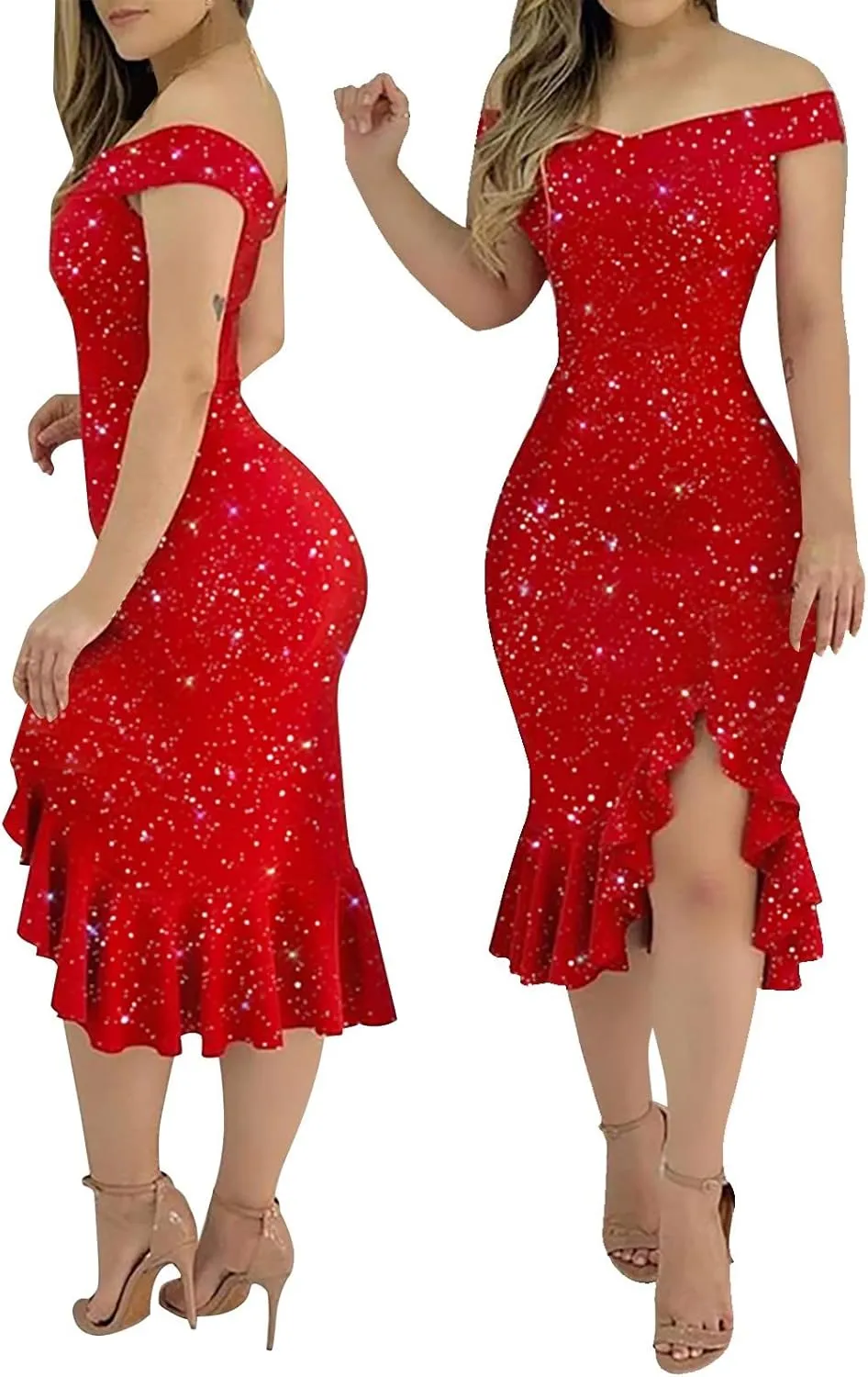 Off Shoulder Dress Ladies Sexy Irregular Hem Casual Backless Sequin Fashion Midi Loose A-Line Outdoor Ruffle Cocktail