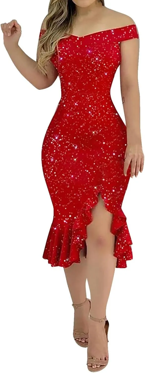 Off Shoulder Dress Ladies Sexy Irregular Hem Casual Backless Sequin Fashion Midi Loose A-Line Outdoor Ruffle Cocktail