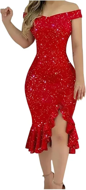 Off Shoulder Dress Ladies Sexy Irregular Hem Casual Backless Sequin Fashion Midi Loose A-Line Outdoor Ruffle Cocktail