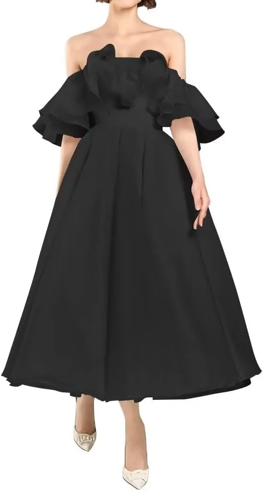 Off Shoulder Ruffles Prom Dresses for Women Organza Midi Homecoming Dresses A Line Formal Evening Party Gowns