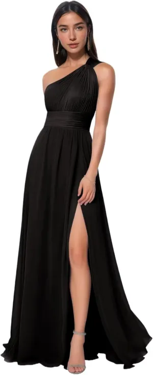 One Shoulder Bridesmaid Dresses Long Prom Dress with Slit Ruched Chiffon Evening Party Dress with Pockets