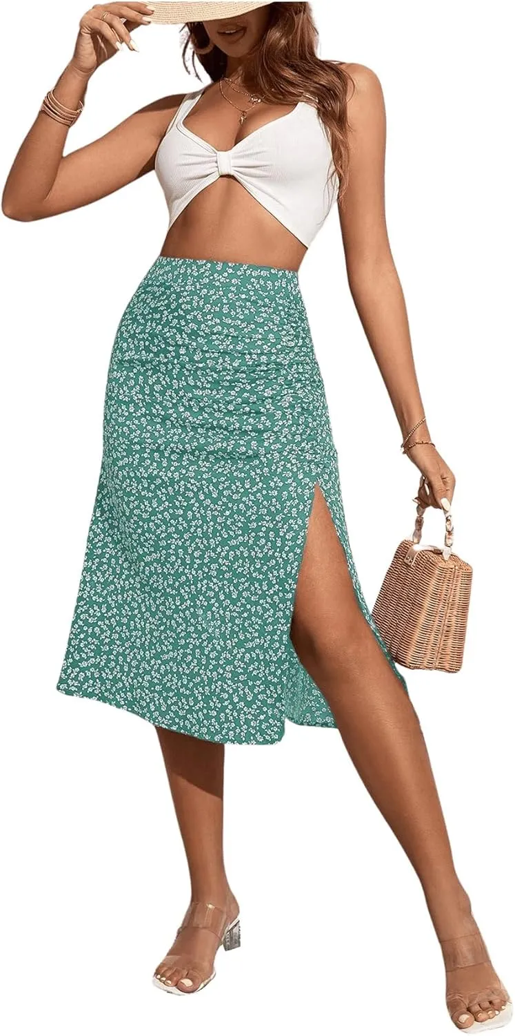 OYOANGLE Women's Boho Floral Print High Waisted A Line Split Thigh Summer Midi Skirt