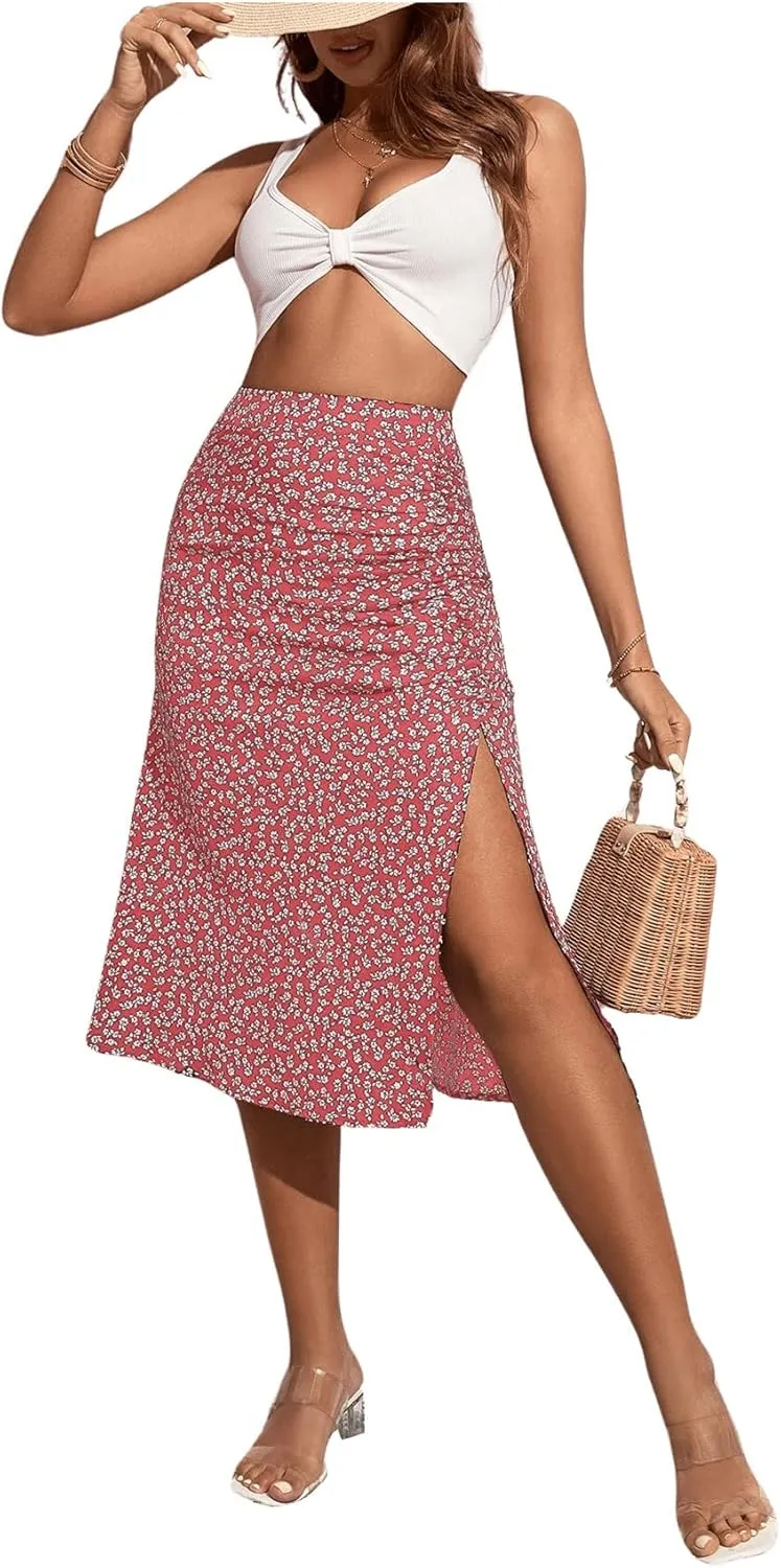 OYOANGLE Women's Boho Floral Print High Waisted A Line Split Thigh Summer Midi Skirt