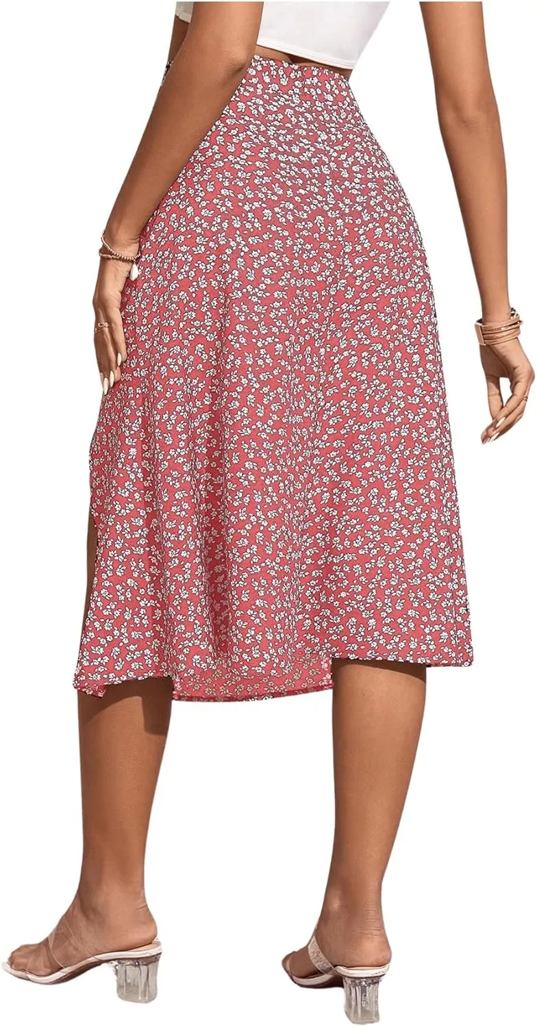OYOANGLE Women's Boho Floral Print High Waisted A Line Split Thigh Summer Midi Skirt