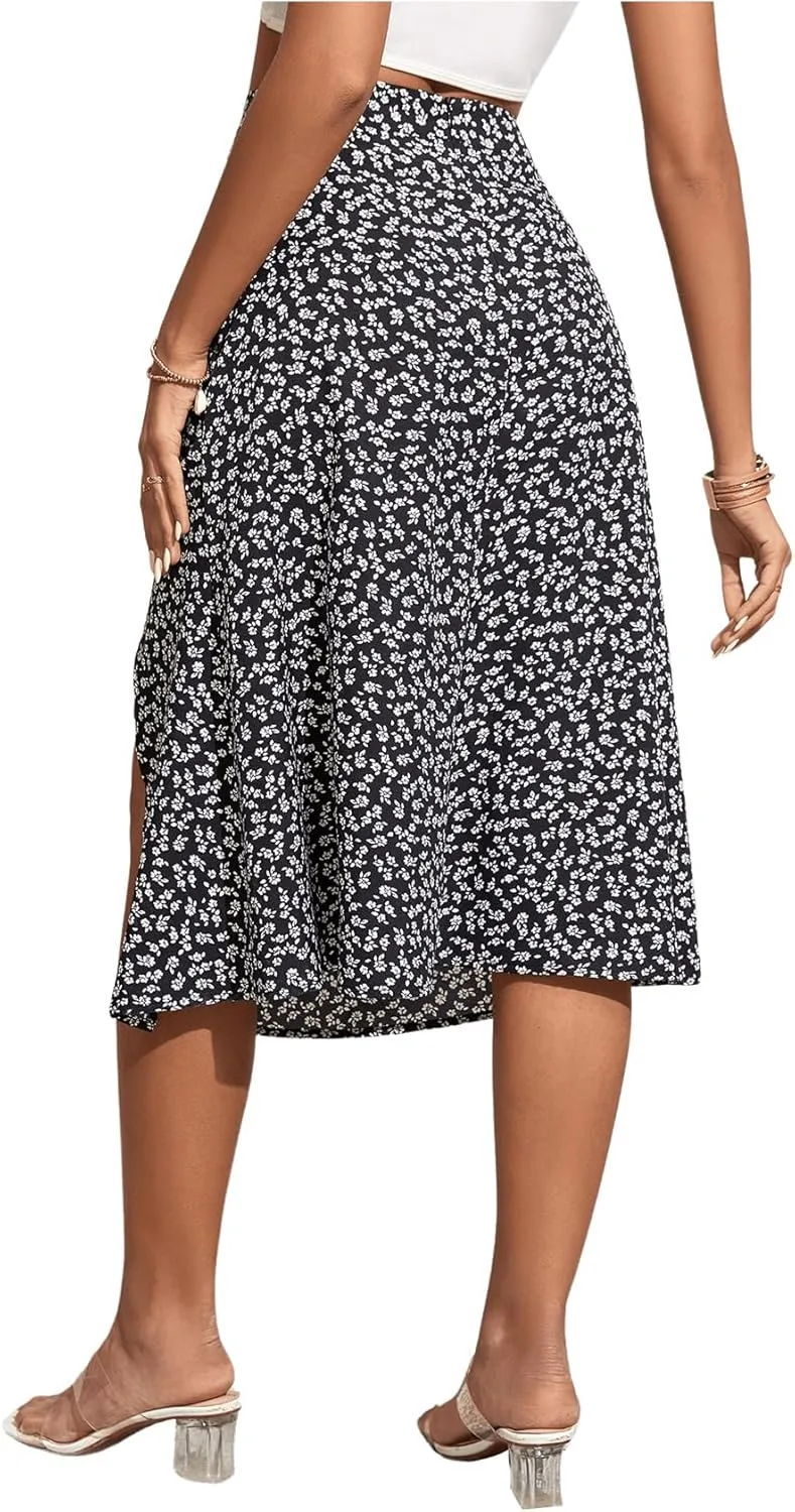 OYOANGLE Women's Boho Floral Print High Waisted A Line Split Thigh Summer Midi Skirt