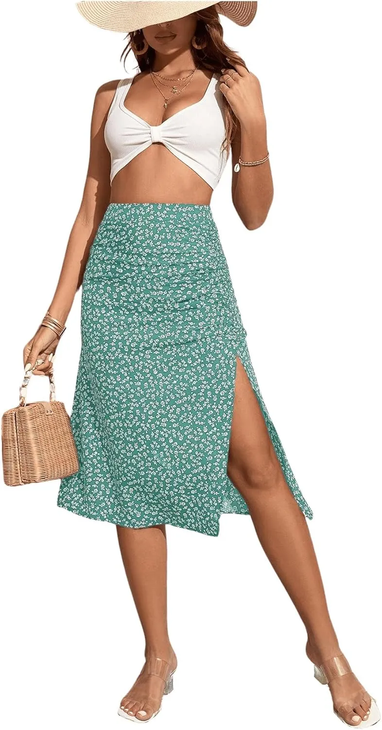 OYOANGLE Women's Boho Floral Print High Waisted A Line Split Thigh Summer Midi Skirt