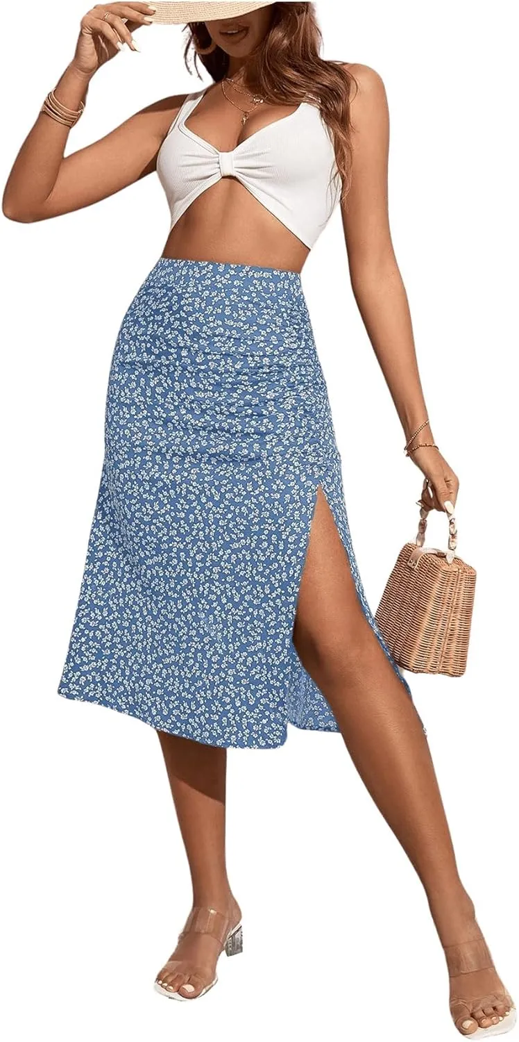 OYOANGLE Women's Boho Floral Print High Waisted A Line Split Thigh Summer Midi Skirt