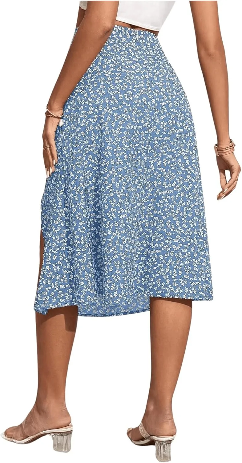 OYOANGLE Women's Boho Floral Print High Waisted A Line Split Thigh Summer Midi Skirt