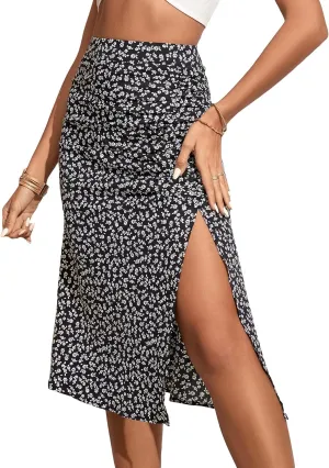 OYOANGLE Women's Boho Floral Print High Waisted A Line Split Thigh Summer Midi Skirt