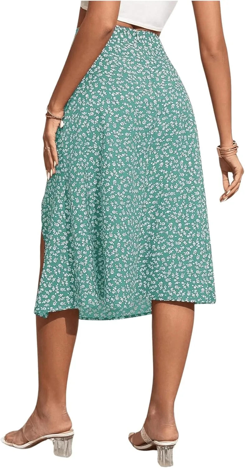 OYOANGLE Women's Boho Floral Print High Waisted A Line Split Thigh Summer Midi Skirt