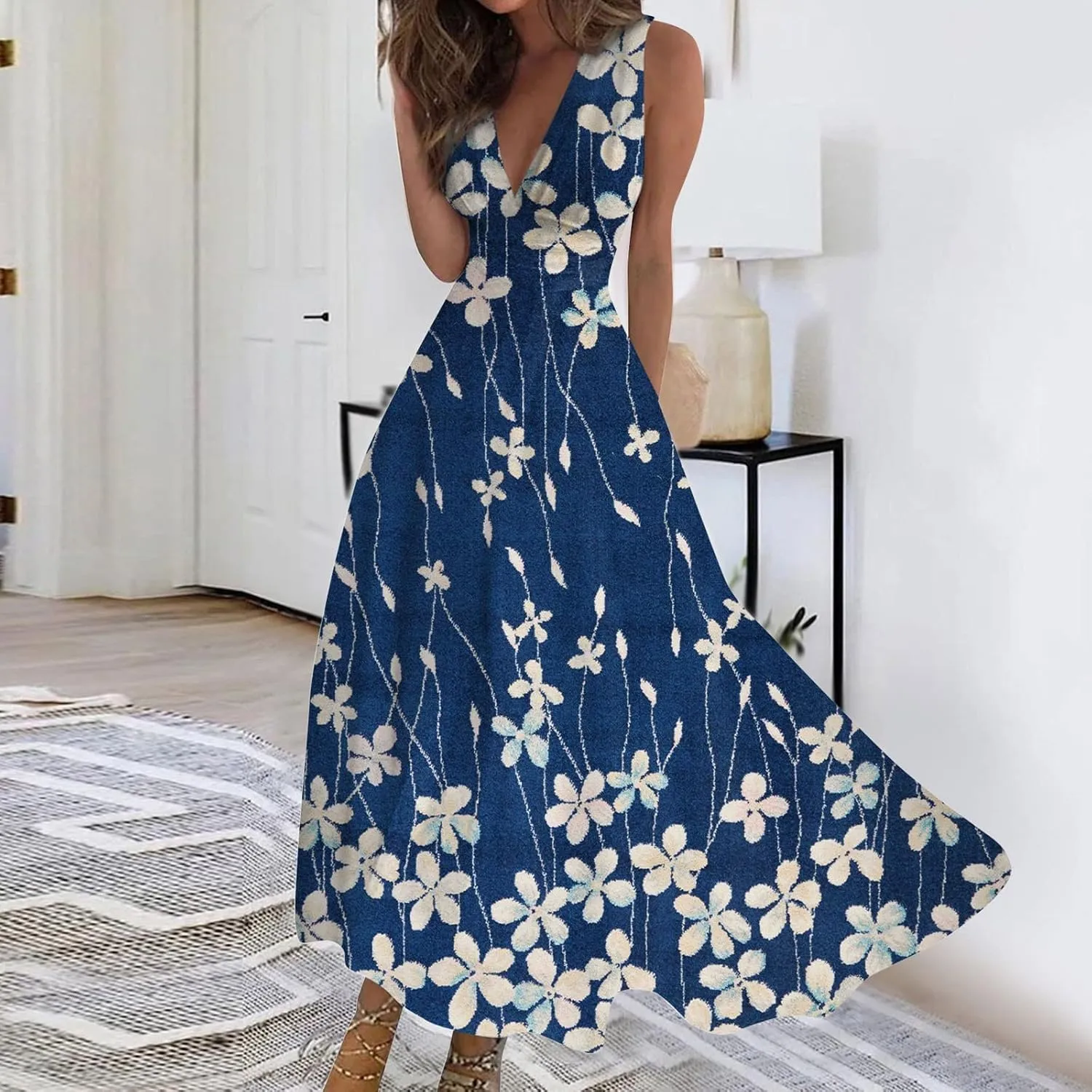 Palaver Summer Dresses for Women 2025 Elegant Wrap V Neck Sleeveless Maxi Dress Casual Print Flowy Beach Sundresses