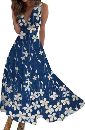 Palaver Summer Dresses for Women 2025 Elegant Wrap V Neck Sleeveless Maxi Dress Casual Print Flowy Beach Sundresses