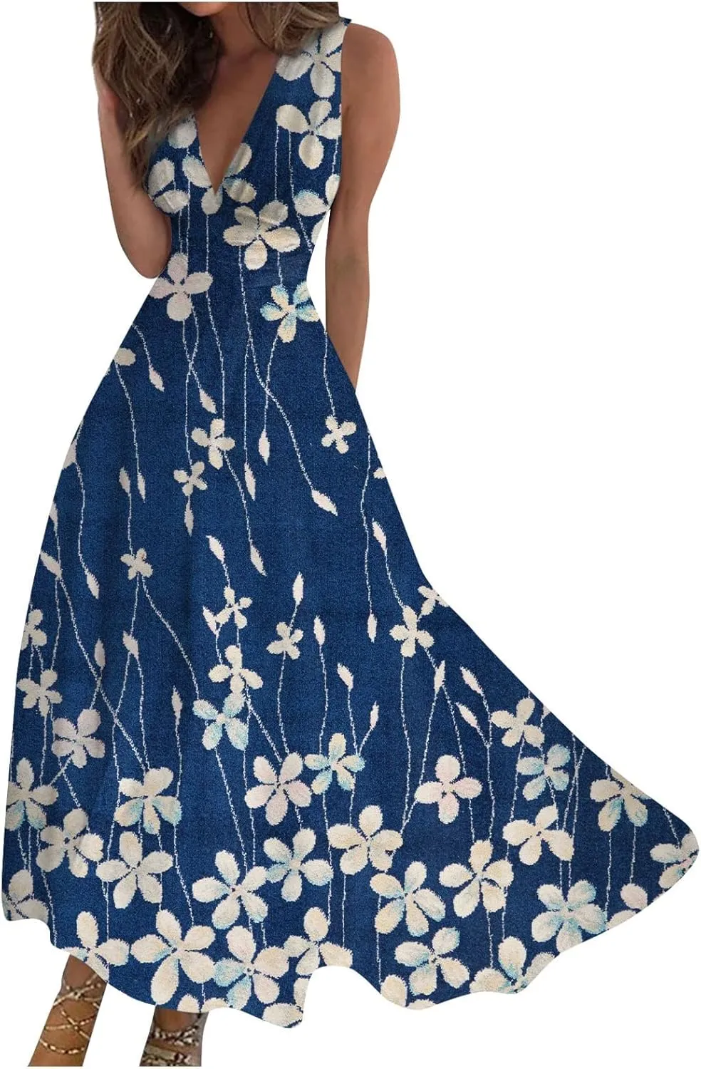Palaver Summer Dresses for Women 2025 Elegant Wrap V Neck Sleeveless Maxi Dress Casual Print Flowy Beach Sundresses