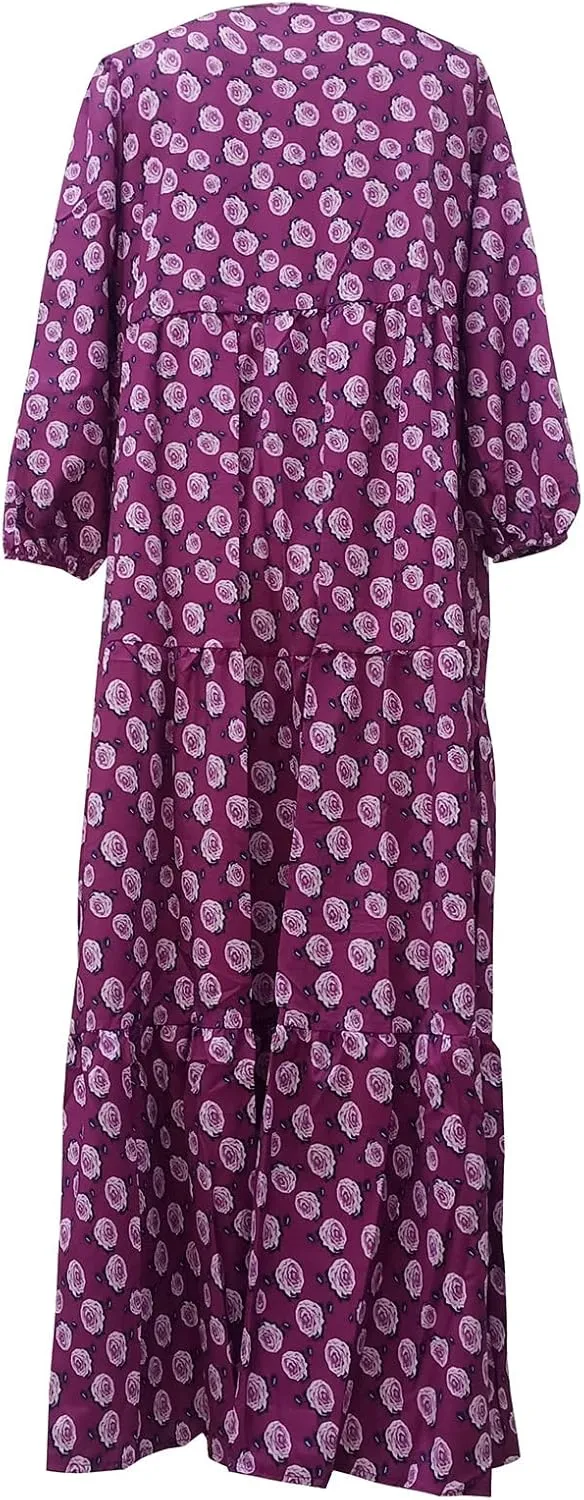 PETYCZEN Boho Dress for Women 2023 Summer Short Sleeve V Neck Floral Maxi Dress Flowy A Line Pleated Long Vacation Sundresses