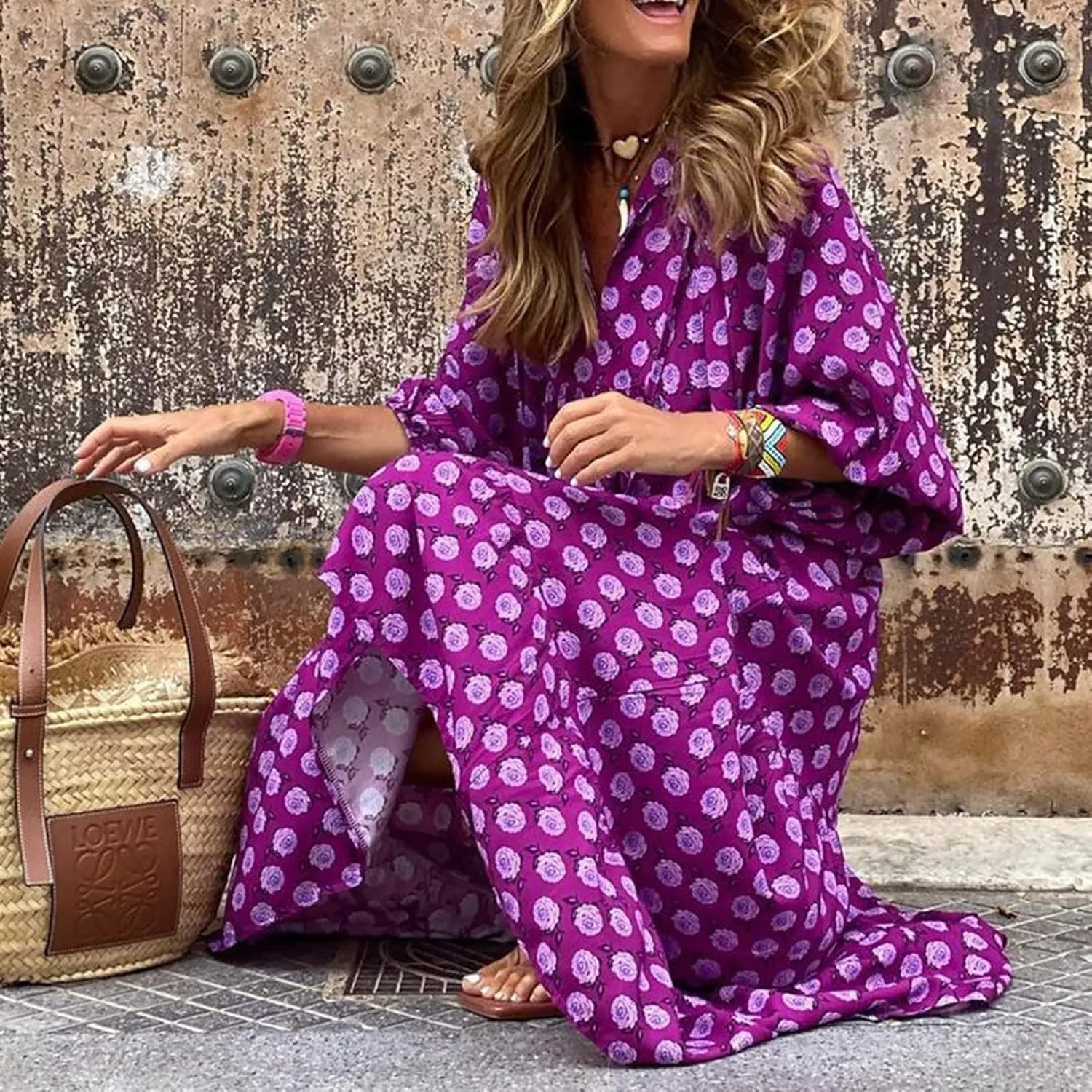 PETYCZEN Boho Dress for Women 2023 Summer Short Sleeve V Neck Floral Maxi Dress Flowy A Line Pleated Long Vacation Sundresses