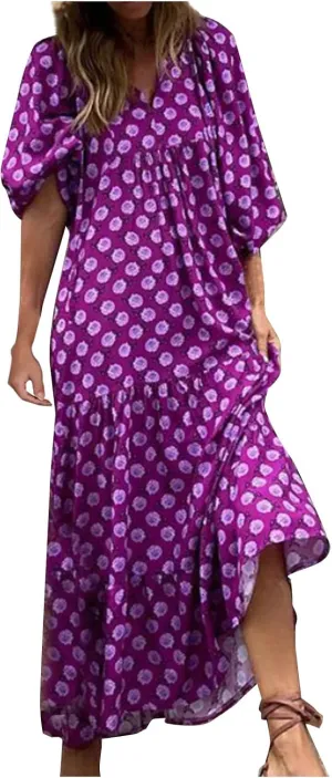 PETYCZEN Boho Dress for Women 2023 Summer Short Sleeve V Neck Floral Maxi Dress Flowy A Line Pleated Long Vacation Sundresses