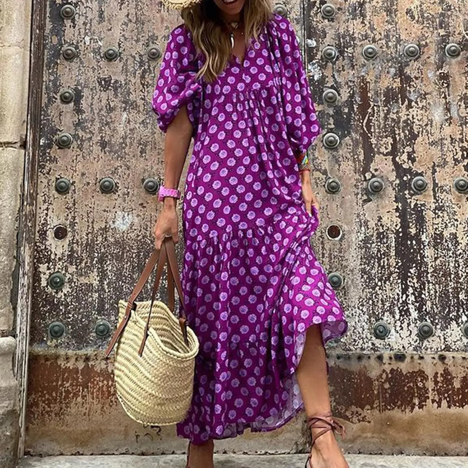 PETYCZEN Boho Dress for Women 2023 Summer Short Sleeve V Neck Floral Maxi Dress Flowy A Line Pleated Long Vacation Sundresses
