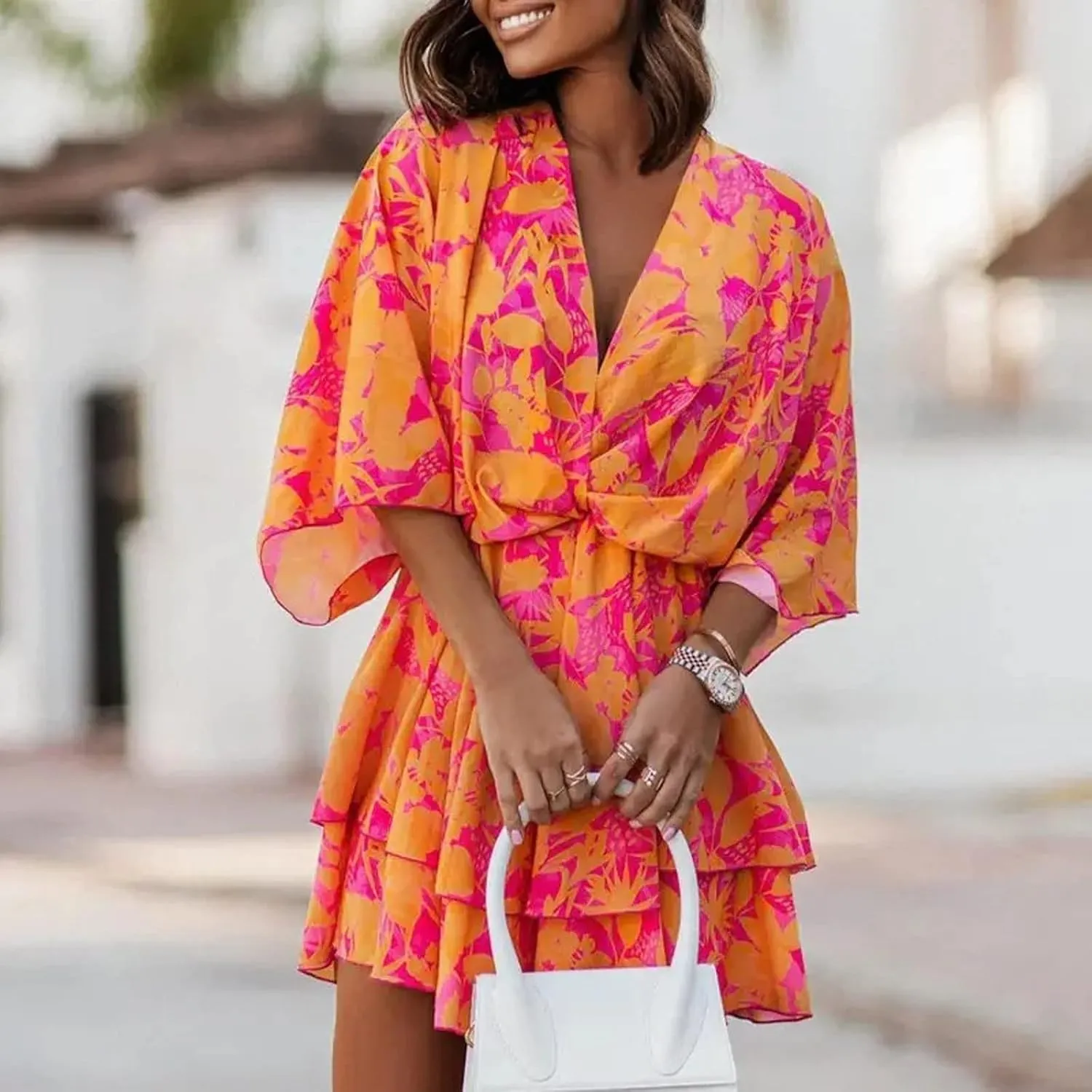 PETYCZEN Floral Dress for Women Summer Wrap V Neck Short Sleeve Empire Waist Ruffle Dress Flowy Pleated Babydoll Mini Dresses