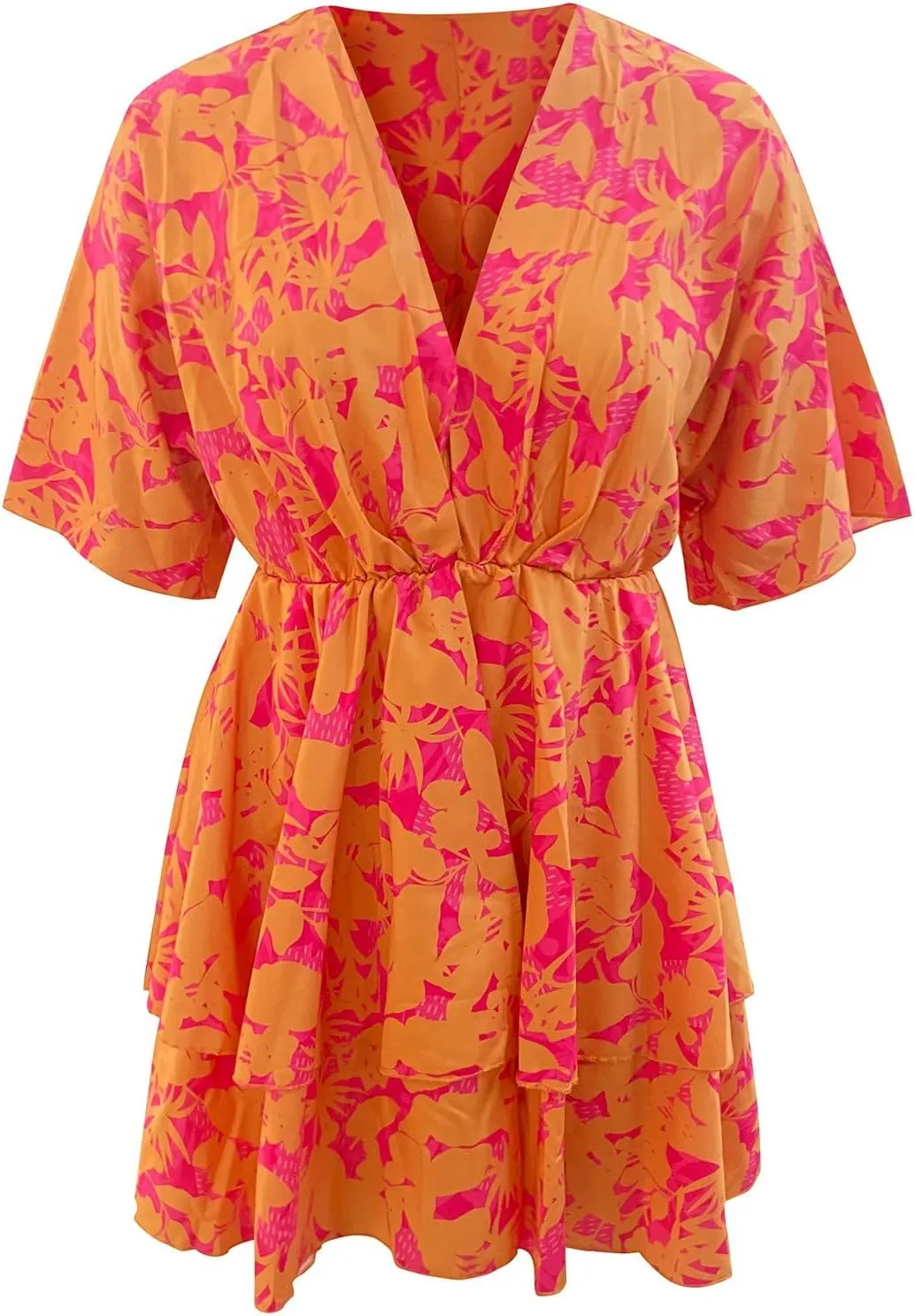 PETYCZEN Floral Dress for Women Summer Wrap V Neck Short Sleeve Empire Waist Ruffle Dress Flowy Pleated Babydoll Mini Dresses