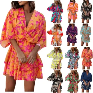 PETYCZEN Floral Dress for Women Summer Wrap V Neck Short Sleeve Empire Waist Ruffle Dress Flowy Pleated Babydoll Mini Dresses