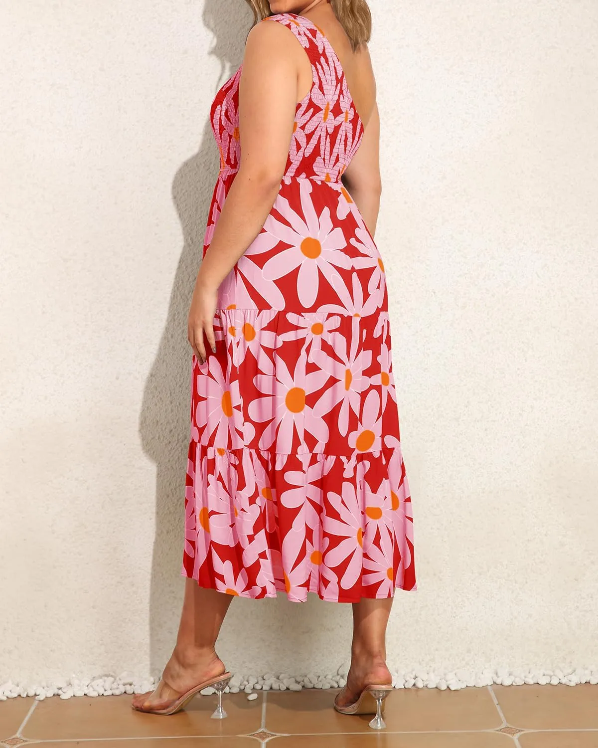 Pinup Fashion Women Plus Size One Shoulder Sleeveless Casual Summer Smocked Tiered Flowy Beach Boho Maxi Dress