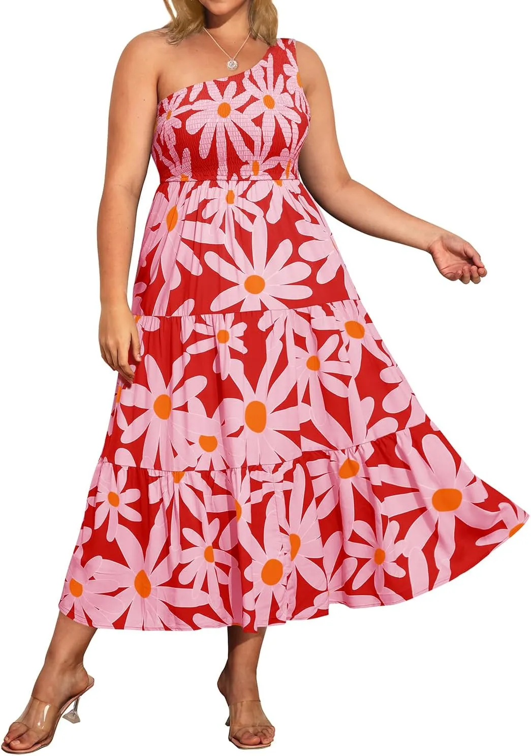 Pinup Fashion Women Plus Size One Shoulder Sleeveless Casual Summer Smocked Tiered Flowy Beach Boho Maxi Dress
