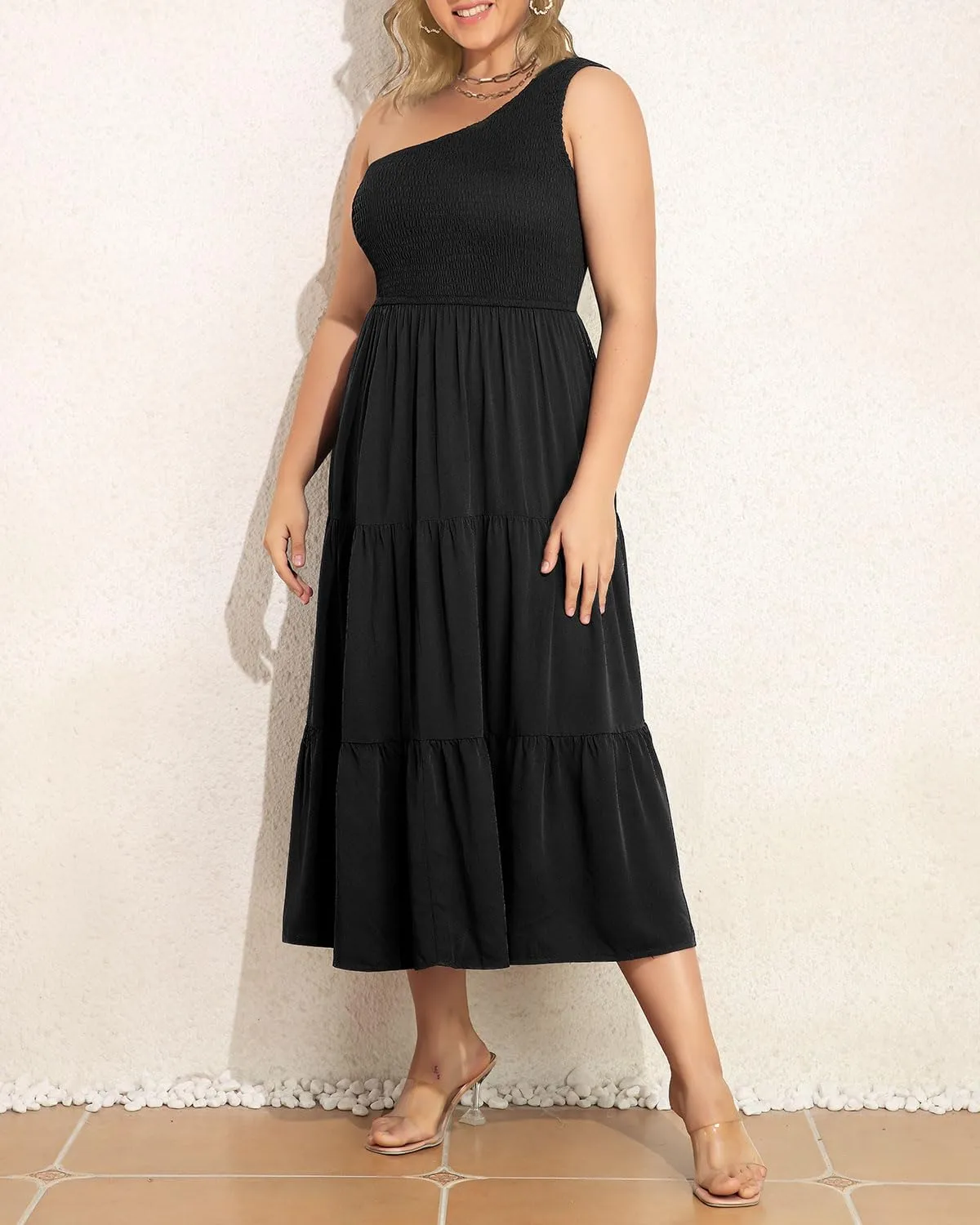 Pinup Fashion Women Plus Size One Shoulder Sleeveless Casual Summer Smocked Tiered Flowy Beach Boho Maxi Dress
