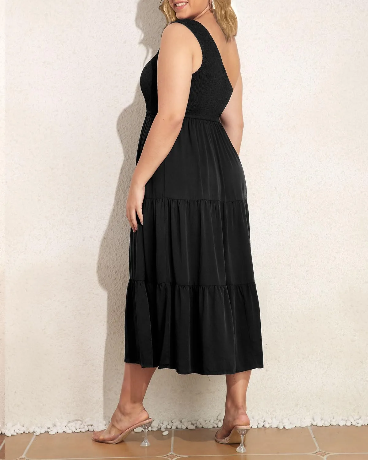 Pinup Fashion Women Plus Size One Shoulder Sleeveless Casual Summer Smocked Tiered Flowy Beach Boho Maxi Dress