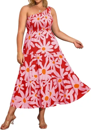 Pinup Fashion Women Plus Size One Shoulder Sleeveless Casual Summer Smocked Tiered Flowy Beach Boho Maxi Dress