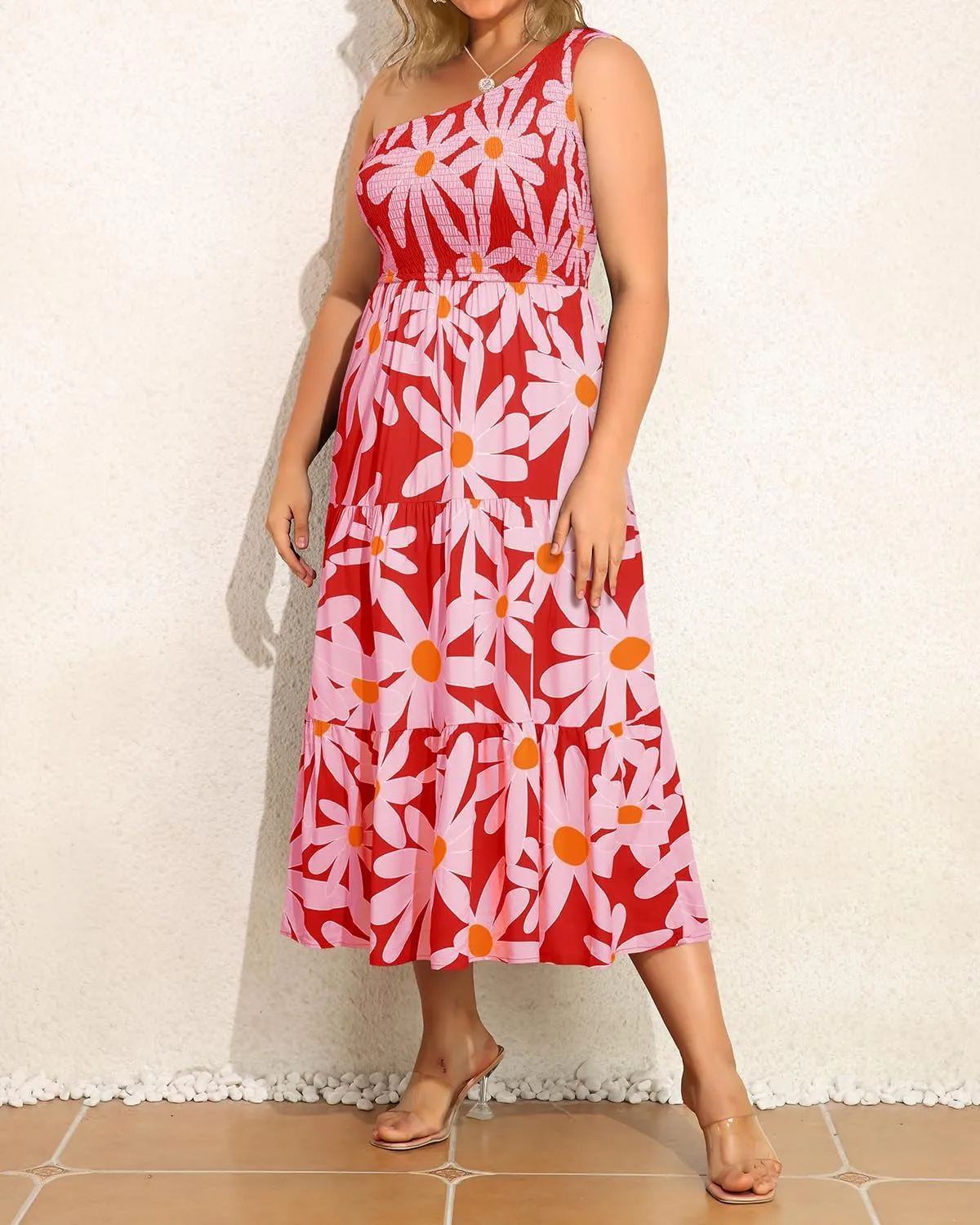 Pinup Fashion Women Plus Size One Shoulder Sleeveless Casual Summer Smocked Tiered Flowy Beach Boho Maxi Dress