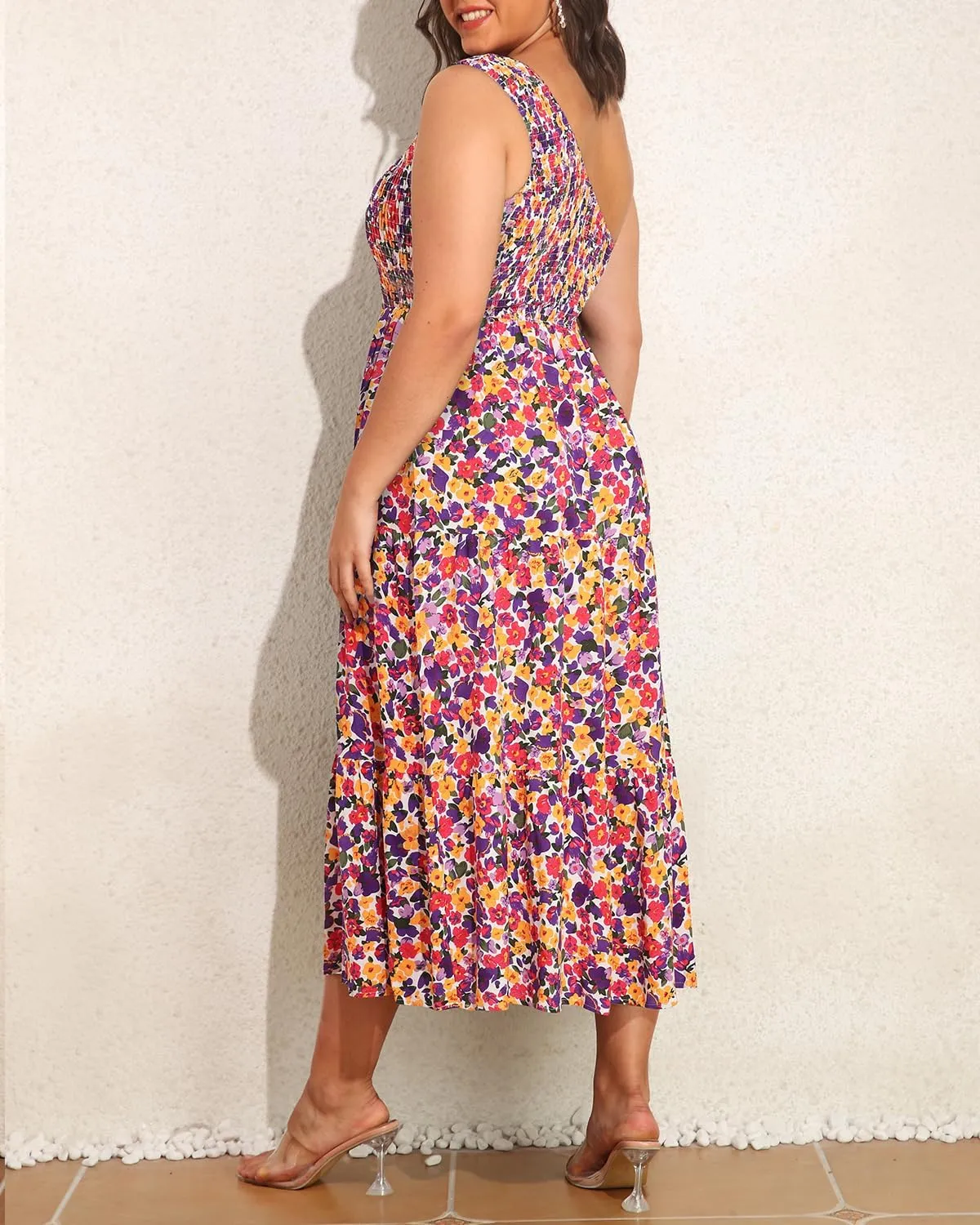 Pinup Fashion Women Plus Size One Shoulder Sleeveless Casual Summer Smocked Tiered Flowy Beach Boho Maxi Dress