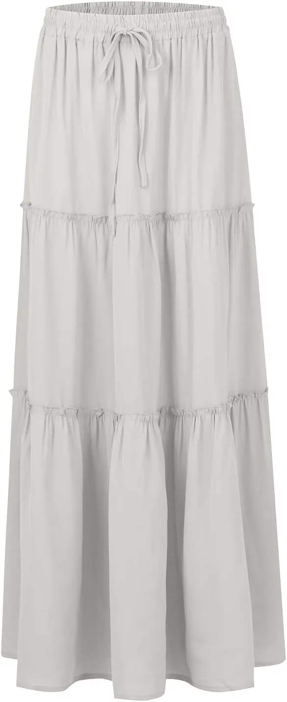 Pleated Long Skirts for Women Summer Casual Elastic High Waisted Skirts A-Line Flowy Swing Maxi Skirt with Pockets