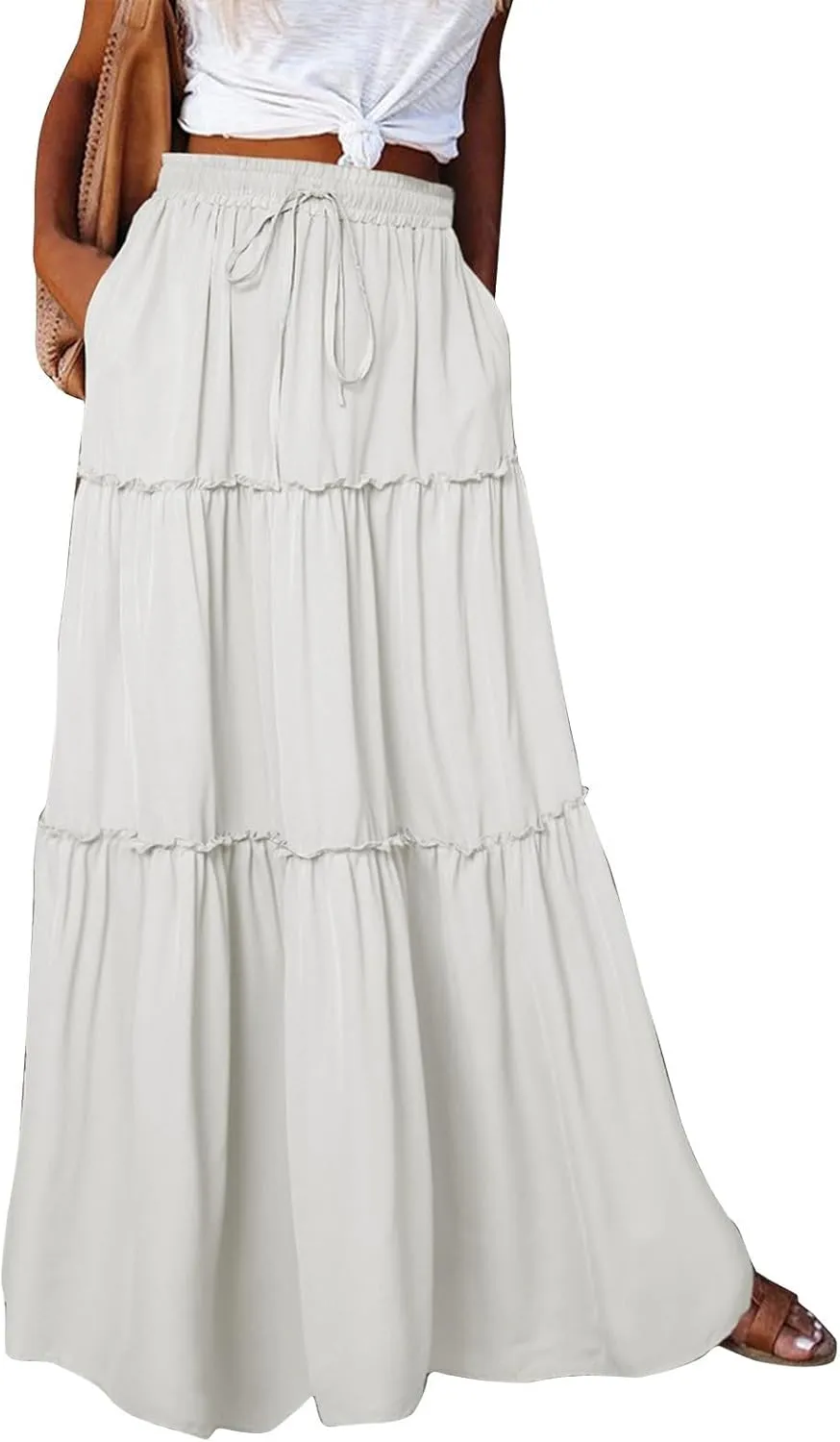 Pleated Long Skirts for Women Summer Casual Elastic High Waisted Skirts A-Line Flowy Swing Maxi Skirt with Pockets