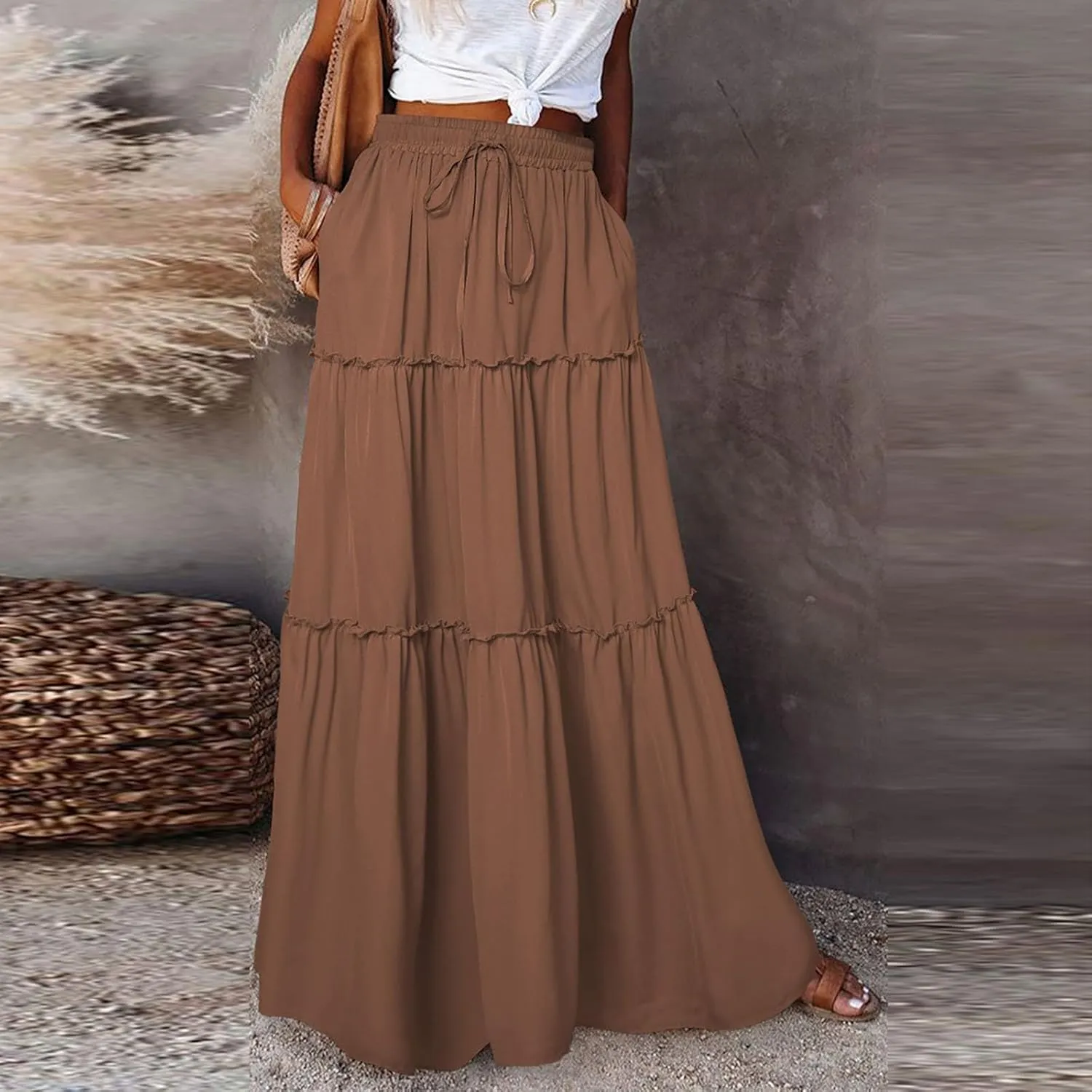 Pleated Long Skirts for Women Summer Casual Elastic High Waisted Skirts A-Line Flowy Swing Maxi Skirt with Pockets