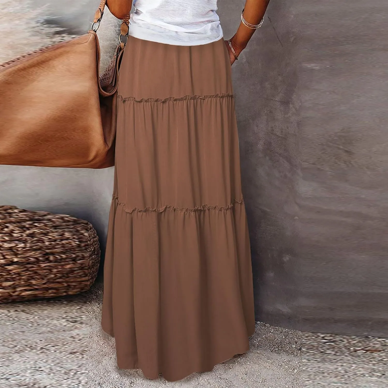 Pleated Long Skirts for Women Summer Casual Elastic High Waisted Skirts A-Line Flowy Swing Maxi Skirt with Pockets