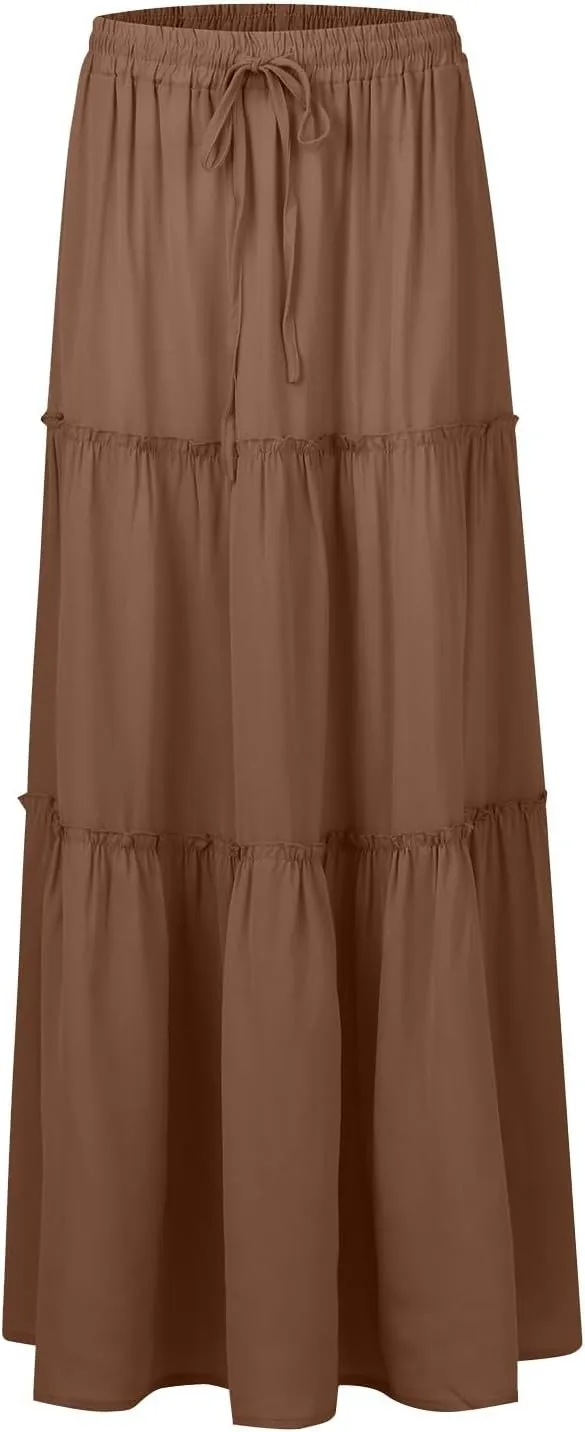Pleated Long Skirts for Women Summer Casual Elastic High Waisted Skirts A-Line Flowy Swing Maxi Skirt with Pockets