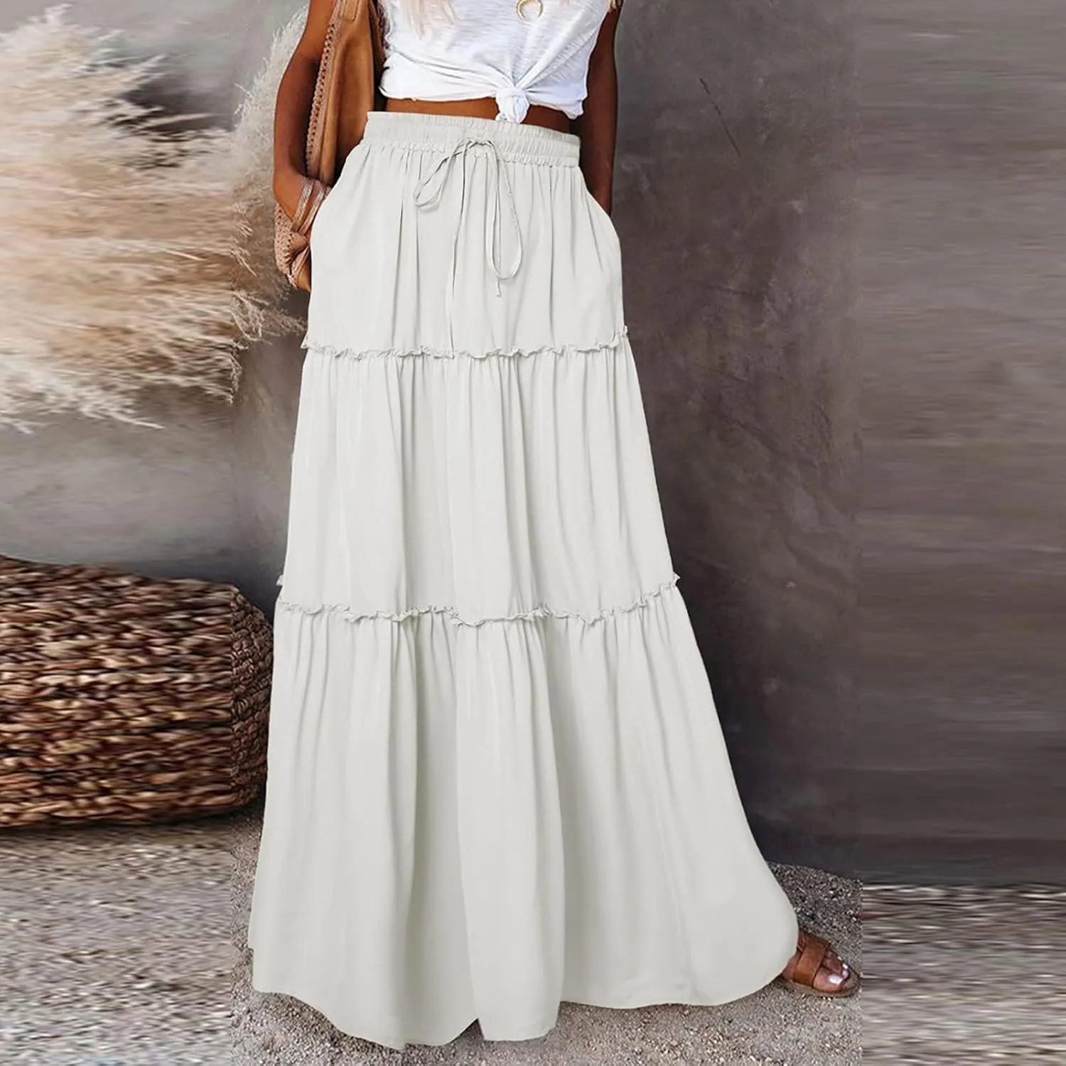Pleated Long Skirts for Women Summer Casual Elastic High Waisted Skirts A-Line Flowy Swing Maxi Skirt with Pockets