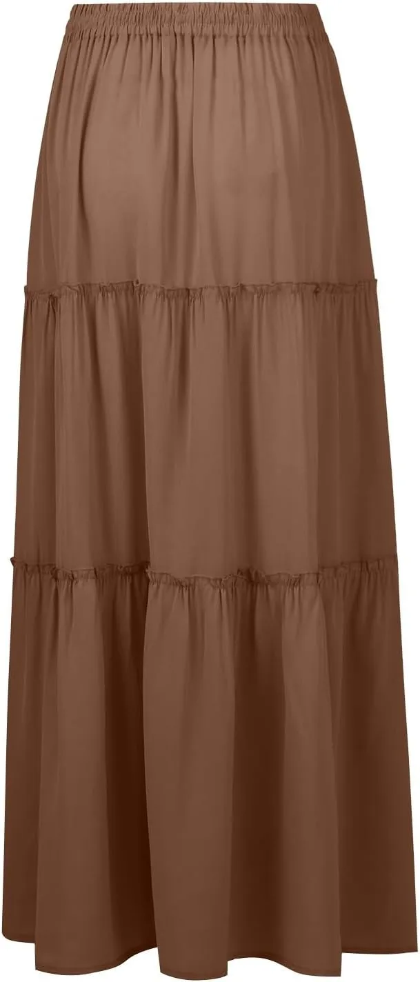 Pleated Long Skirts for Women Summer Casual Elastic High Waisted Skirts A-Line Flowy Swing Maxi Skirt with Pockets