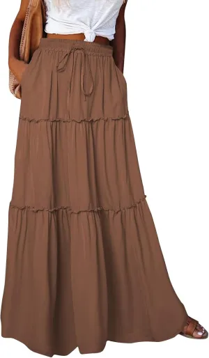Pleated Long Skirts for Women Summer Casual Elastic High Waisted Skirts A-Line Flowy Swing Maxi Skirt with Pockets