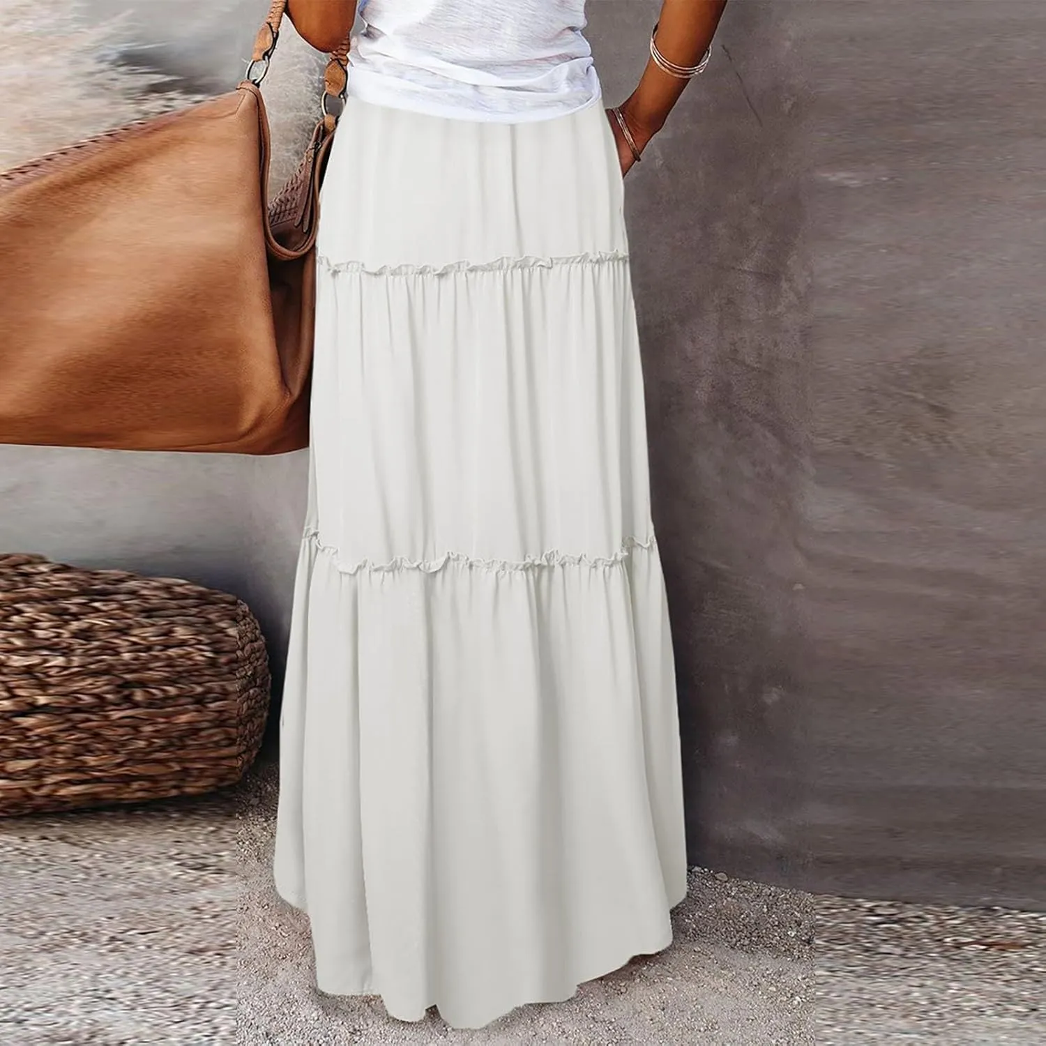 Pleated Long Skirts for Women Summer Casual Elastic High Waisted Skirts A-Line Flowy Swing Maxi Skirt with Pockets